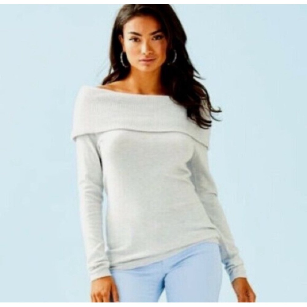 Lilly Pulitzer Off-the-Shoulder Sweater Women XS Gray Excellent Knit Foldover‎